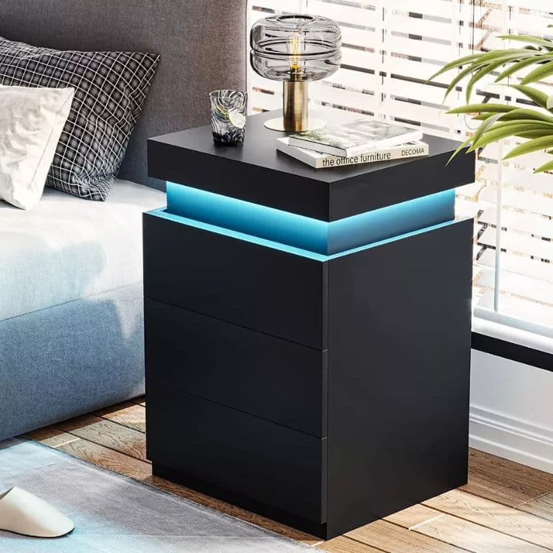 LED BEDSIDE TABLE HIGH GLOSS NIGHTSTAND CABINET WITH 3