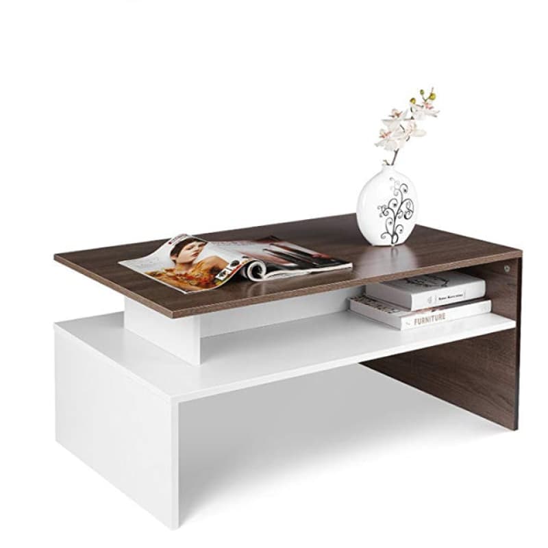 MODERN WHITE AND BROWN WOODEN COFFEE TABLE WITH SHELF