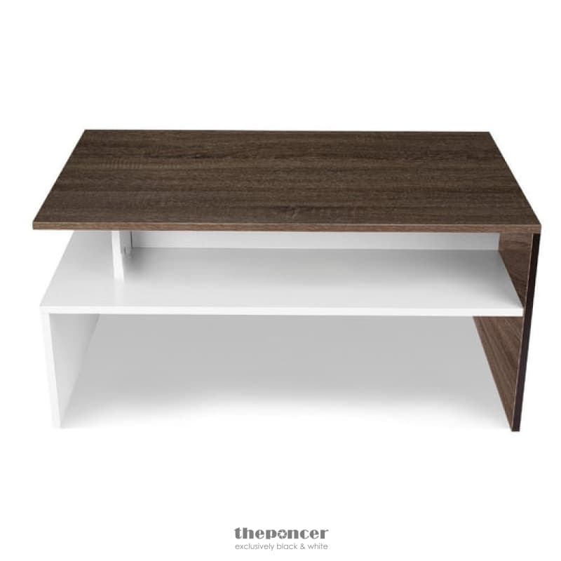 MODERN WHITE AND BROWN WOODEN COFFEE TABLE WITH SHELF