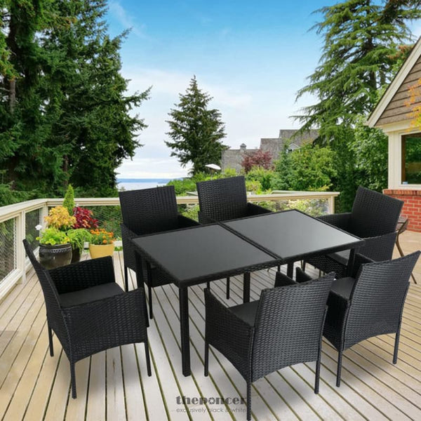 OUTDOOR MINIMALIST BLACK WICKER 6-SEATER DINING SET