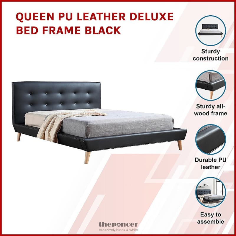 QUEEN PU LEATHER DELUXE BED FRAME BLACK