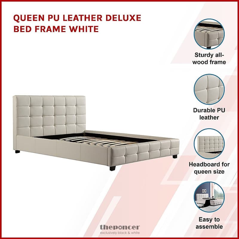 QUEEN PU LEATHER DELUXE BED FRAME WHITE