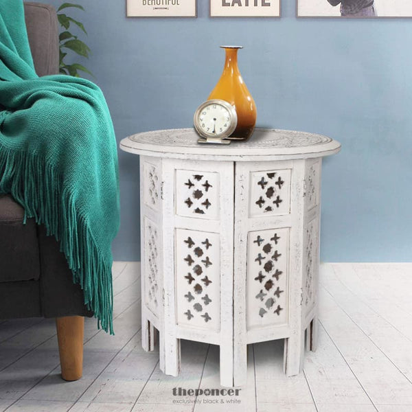 SCILLA RUBBER WOOD TIMBER ROUND 45CM SIDE TABLE - WHITE