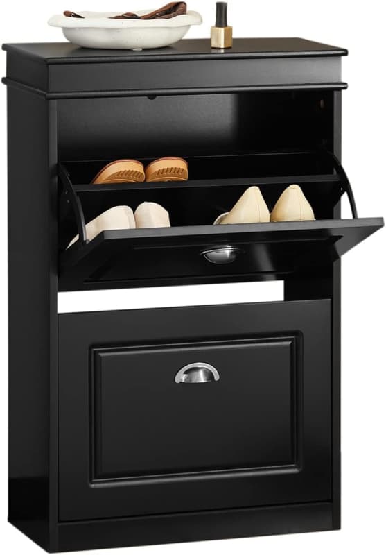 SHOE CABINET 2 DRAWERS STORAGE CUPBOARD BLACK