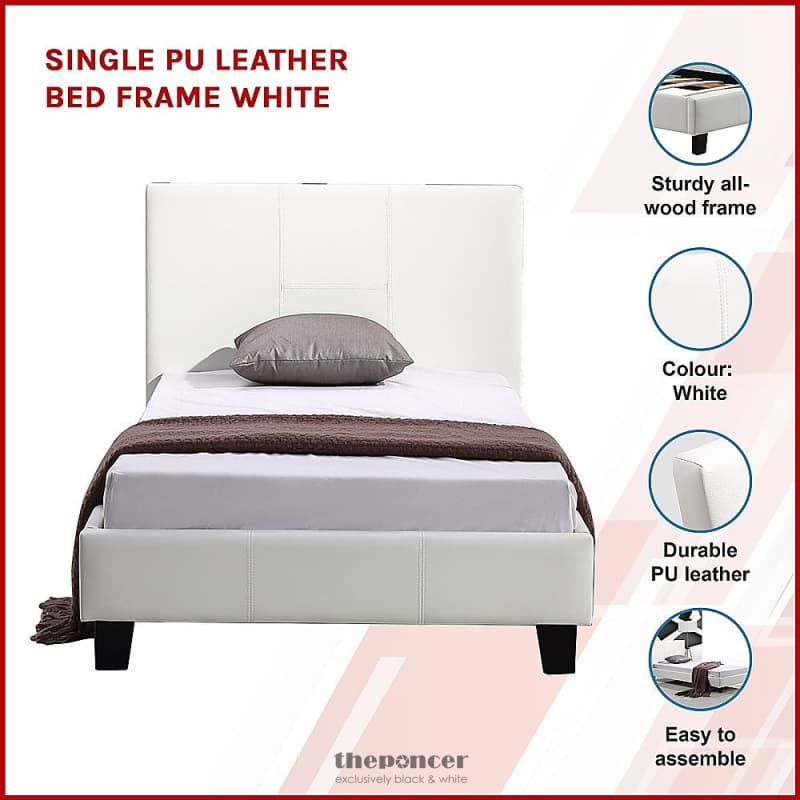 SINGLE PU LEATHER BED FRAME WHITE