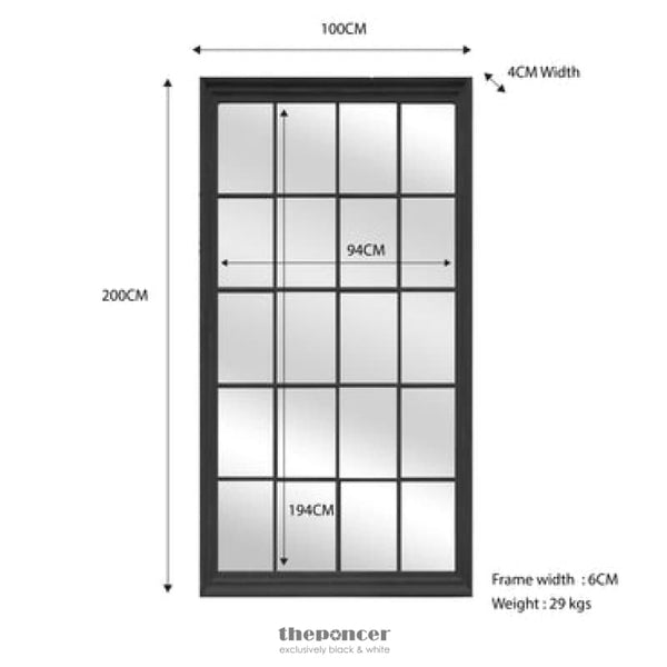 WINDOW STYLE MIRROR - BLACK RECTANGLE 100CM X 200CM