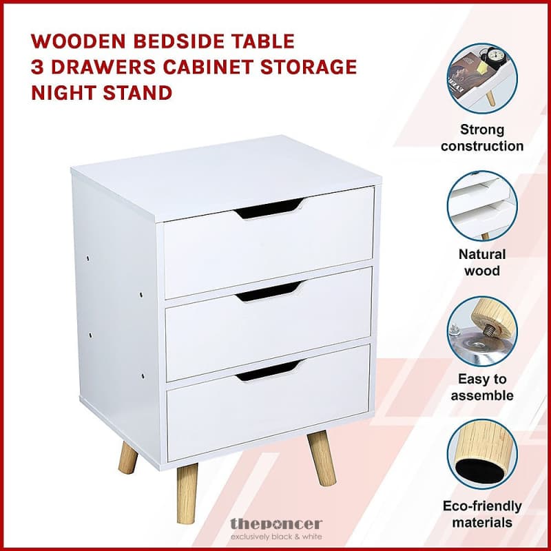WOODEN BEDSIDE TABLE 3 DRAWERS CABINET STORAGE NIGHT STAND