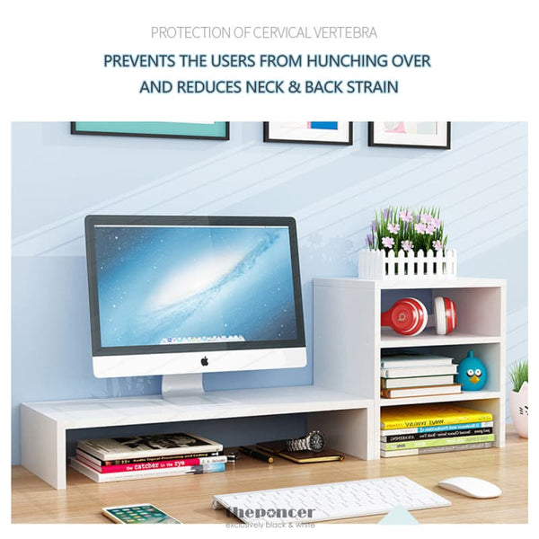 WOODEN DESK MONITOR RISER STAND WITH 3TIER STORAGE SHELVES