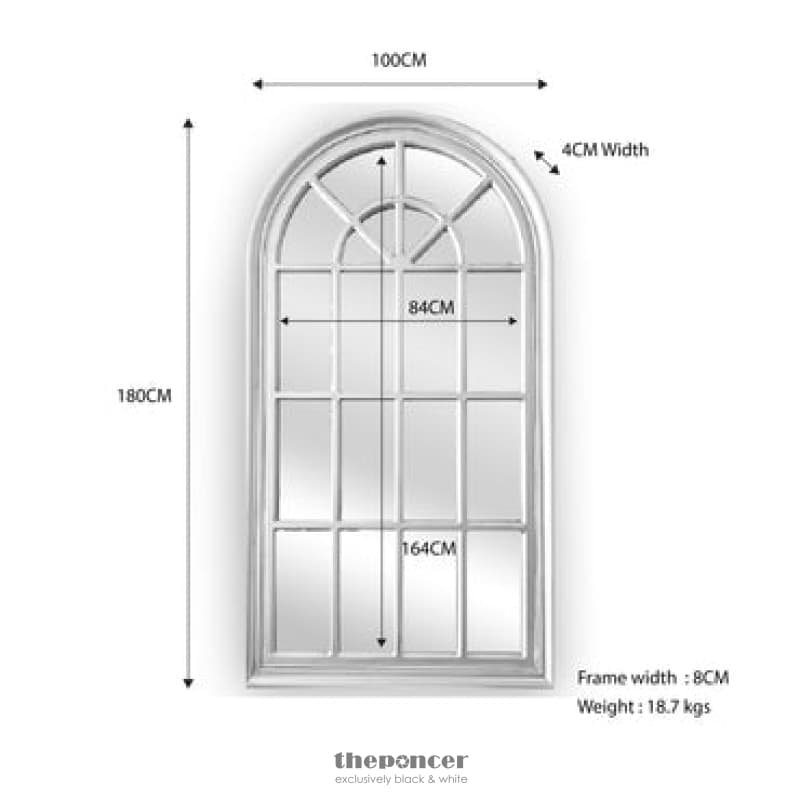 X-LARGE WINDOW STYLE MIRROR - WHITE ARCH 100 CM X 180